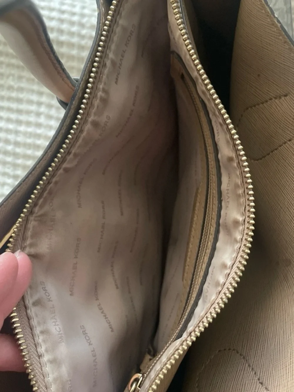 Michael Kors Beige Signature MK Tote with Brown Leather Handles